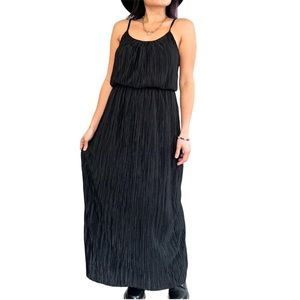 Summer Long Black Maxi Dress Thin Straps Pleated textured double layer Size XL